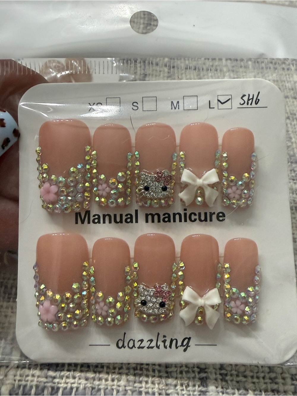 Dazzling Pink Crystal Bow & Cat Press-On Nails